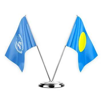 Two table flags isolated on white background 3d illustration, united nations  Stock Illustration
