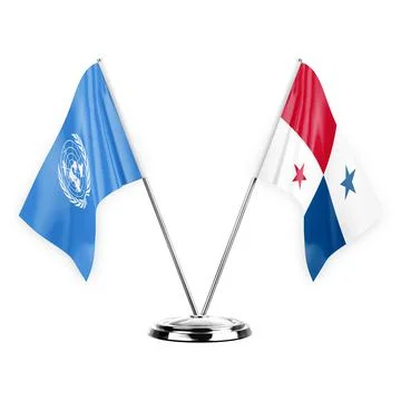 Two table flags isolated on white background 3d illustration, united nations  Stock Illustration