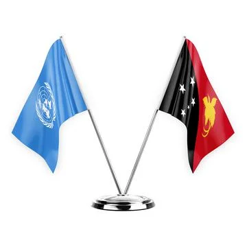 Two table flags isolated on white background 3d illustration, united nations  Stock Illustration