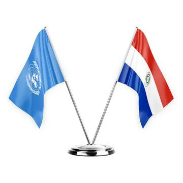 Two table flags isolated on white background 3d illustration, united nations  Stock Illustration