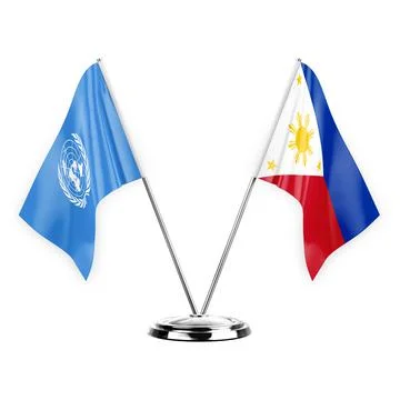 Two table flags isolated on white background 3d illustration, united nations  Stock Illustration