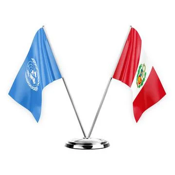 Two table flags isolated on white background 3d illustration, united nations  Stock Illustration