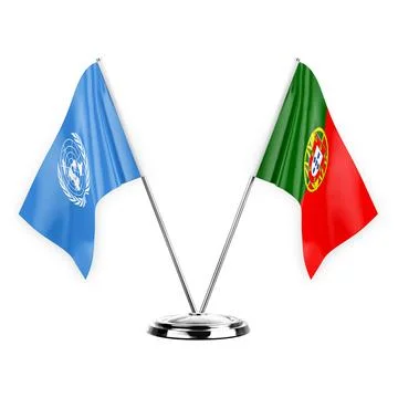 Two table flags isolated on white background 3d illustration, united nations  Stock Illustration