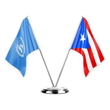 Two table flags isolated on white background 3d illustration, united nations  Stock Illustration