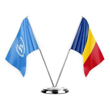 Two table flags isolated on white background 3d illustration, united nations  Stock Illustration