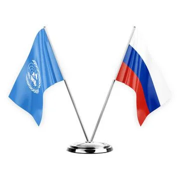 Two table flags isolated on white background 3d illustration, united nations  Stock Illustration