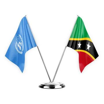 Two table flags isolated on white background 3d illustration, united nations  Stock Illustration