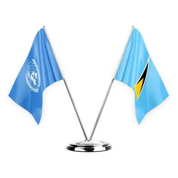 Two table flags isolated on white background 3d illustration, united nations  Stock Illustration