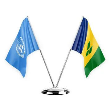 Two table flags isolated on white background 3d illustration, united nations  Stock Illustration