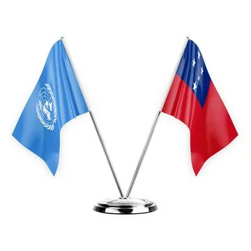Two table flags isolated on white background 3d illustration, united nations  Stock Illustration