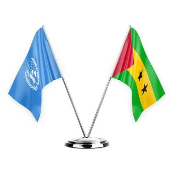 Two table flags isolated on white background 3d illustration, united nations  Stock Illustration
