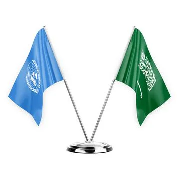 Two table flags isolated on white background 3d illustration, united nations  Stock Illustration