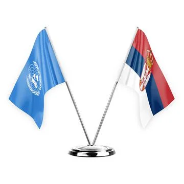 Two table flags isolated on white background 3d illustration, united nations  Stock Illustration