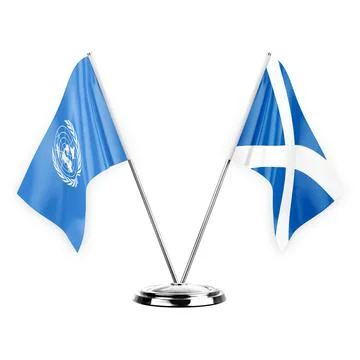 Two table flags isolated on white background 3d illustration, united nations  Stock Illustration