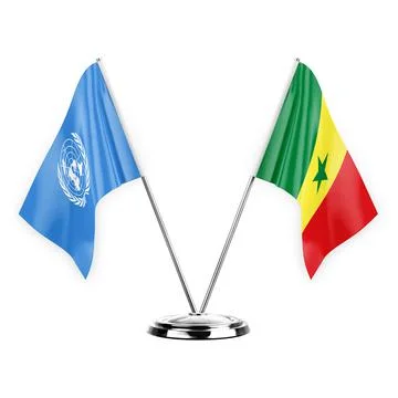 Two table flags isolated on white background 3d illustration, united nations  Stock Illustration