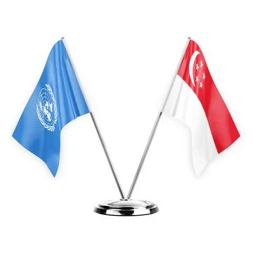 Two table flags isolated on white background 3d illustration, united nations  Stock Illustration