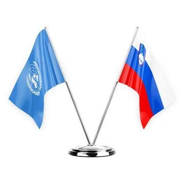 Two table flags isolated on white background 3d illustration, united nations  Stock Illustration