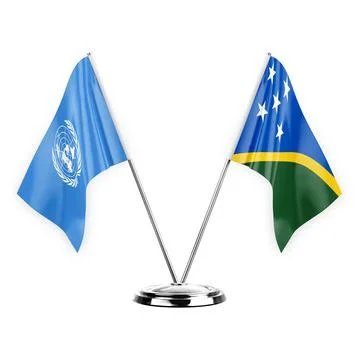 Two table flags isolated on white background 3d illustration, united nations  Stock Illustration