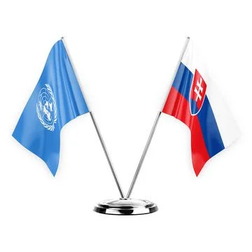 Two table flags isolated on white background 3d illustration, united nations  Stock Illustration
