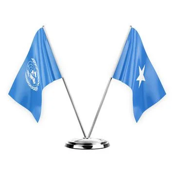 Two table flags isolated on white background 3d illustration, united nations  Stock Illustration