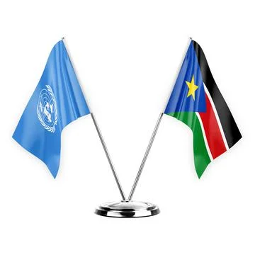 Two table flags isolated on white background 3d illustration, united nations  Stock Illustration