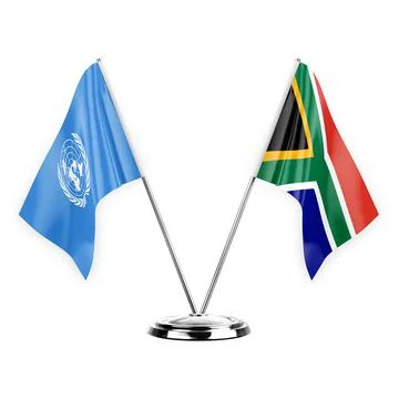 Two table flags isolated on white background 3d illustration, united nations  Stock Illustration