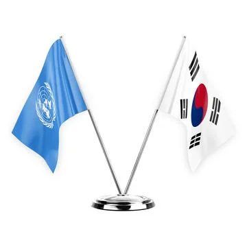 Two table flags isolated on white background 3d illustration, united nations  Stock Illustration