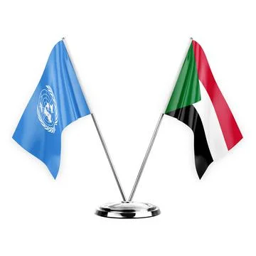 Two table flags isolated on white background 3d illustration, united nations  Stock Illustration