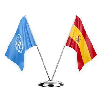 Two table flags isolated on white background 3d illustration, united nations  Stock Illustration