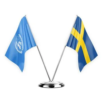 Two table flags isolated on white background 3d illustration, united nations  Stock Illustration