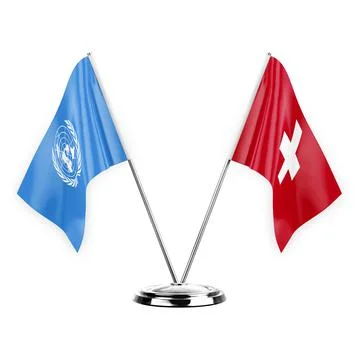 Two table flags isolated on white background 3d illustration, united nations  Stock Illustration
