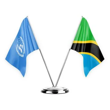 Two table flags isolated on white background 3d illustration, united nations  Stock Illustration