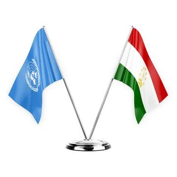 Two table flags isolated on white background 3d illustration, united nations  Stock Illustration