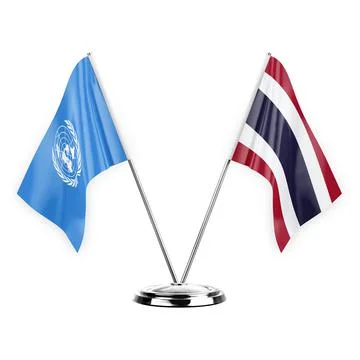 Two table flags isolated on white background 3d illustration, united nations  Stock Illustration