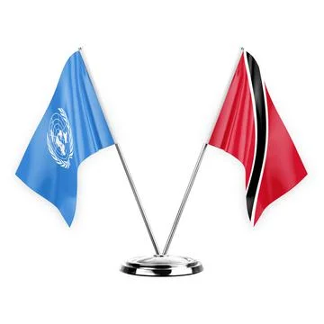 Two table flags isolated on white background 3d illustration, united nations  Stock Illustration