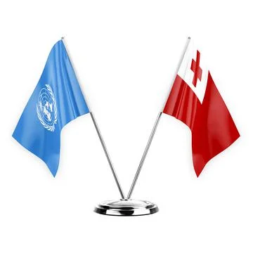 Two table flags isolated on white background 3d illustration, united nations  Stock Illustration