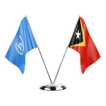 Two table flags isolated on white background 3d illustration, united nations  Stock Illustration
