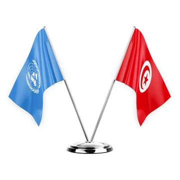 Two table flags isolated on white background 3d illustration, united nations  Stock Illustration