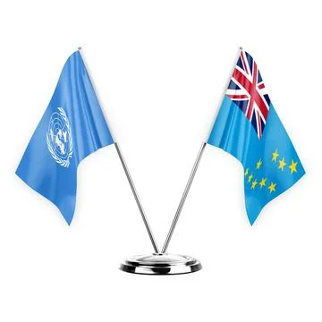 Two table flags isolated on white background 3d illustration, united nations  Stock Illustration