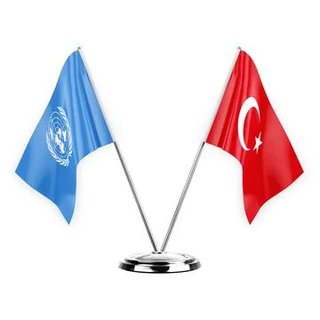 Two table flags isolated on white background 3d illustration, united nations  Stock Illustration