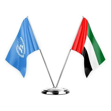Two table flags isolated on white background 3d illustration, united nations  Stock Illustration