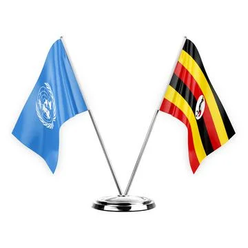 Two table flags isolated on white background 3d illustration, united nations  Stock Illustration