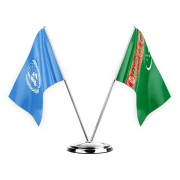 Two table flags isolated on white background 3d illustration, united nations  Stock Illustration