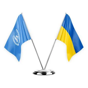 Two table flags isolated on white background 3d illustration, united nations  Stock Illustration