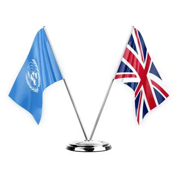 Two table flags isolated on white background 3d illustration, united nations  Stock Illustration