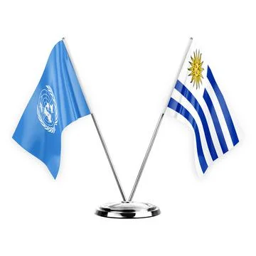 Two table flags isolated on white background 3d illustration, united nations  Stock Illustration