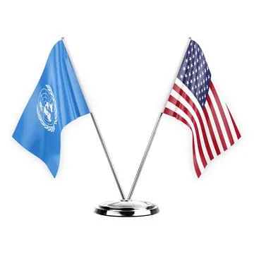 Two table flags isolated on white background 3d illustration, united nations  Stock Illustration