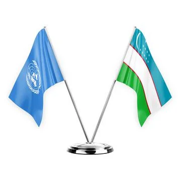 Two table flags isolated on white background 3d illustration, united nations  Stock Illustration