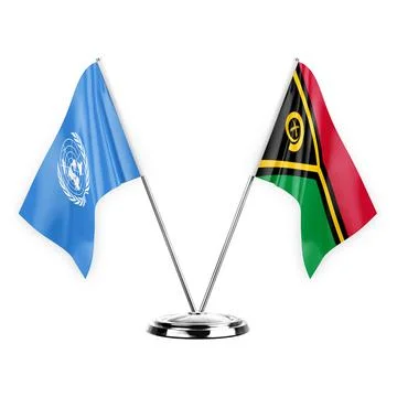 Two table flags isolated on white background 3d illustration, united nations  Stock Illustration