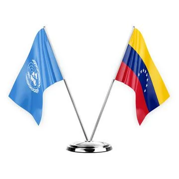 Two table flags isolated on white background 3d illustration, united nations  Stock Illustration